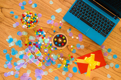 High angle view of toys on table