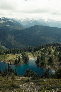 Scenic view of lake and mountains against sky