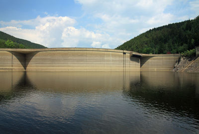 Arch bridge over river against sky