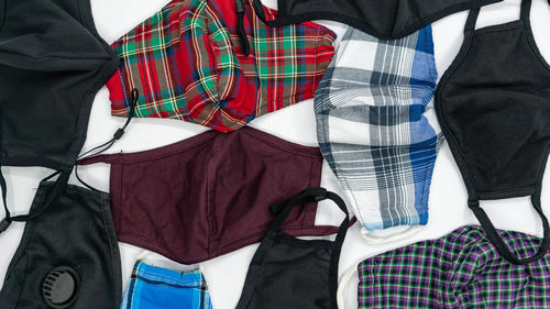 Close-up of clothes standing against wall