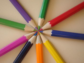 High angle view of colorful pencils on table