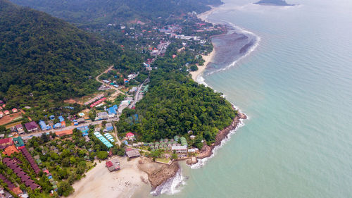 High angle view of city by sea