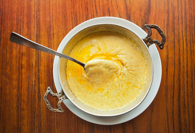 High angle view of tea in bowl on table