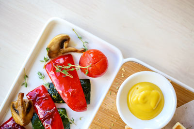 Close-up of food served on table