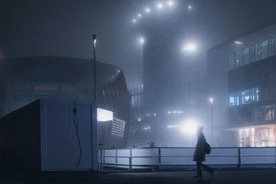 People walking on illuminated street at night