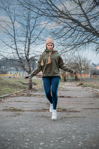 Fitness in the fresh air, outdoor workout. safer outside. fitness woman jumping outdoor 