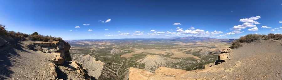 Panoramic view of landscape against blue sky