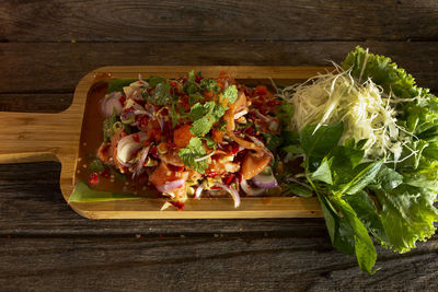 High angle view of chopped vegetables on table