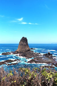 Scenic view of rocks in sea against blue sky