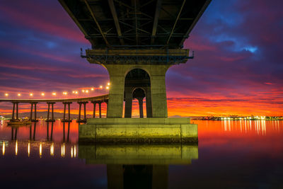 Bridge over river against sky at night