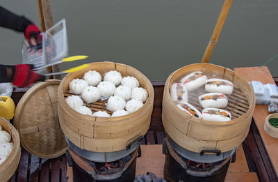 High angle view of dumplings in container 