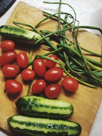 High angle view of chopped vegetables on cutting board