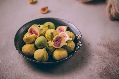 High angle view of fruits in bowl on table