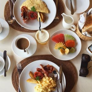 High angle view of fresh breakfast on table