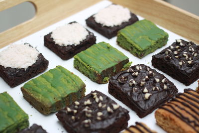 High angle view of chocolate cake on table