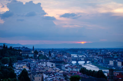 High angle shot of townscape against sky at sunset