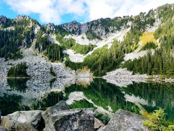 Reflection of trees and mountain in lake against cloudy sky