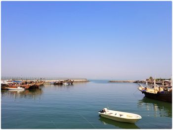 Sailboats moored in sea against clear sky