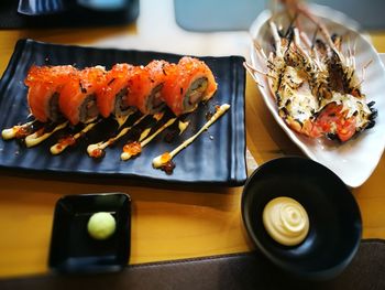 High angle view of sushi in plate on table