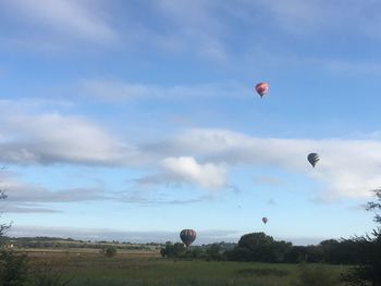 Hot air balloons flying over landscape against sky