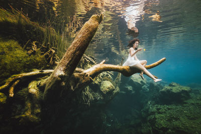 Low angle view of woman sitting on branch underwater
