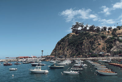 Sailboats moored on sea against sky