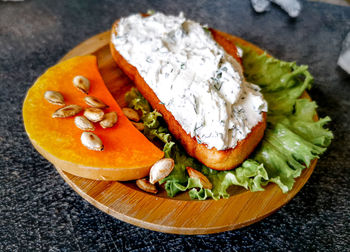 High angle view of vegetables in plate on table