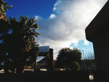 Low angle view of silhouette trees and buildings against sky