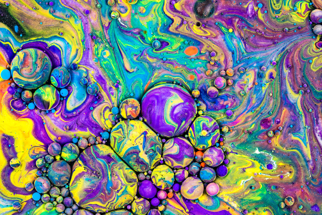 multi colored, full frame, pattern, no people, backgrounds, abstract, magnification, close-up, water, science, indoors, healthcare and medicine, vibrant color, ink, research, oil, dye, natural pattern, extreme close-up, abstract backgrounds, purple, chaos