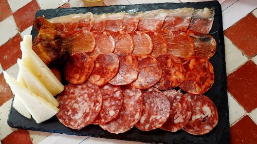 High angle view of meat in plate