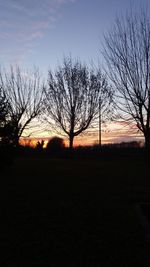 Silhouette bare trees on field against sky at sunset