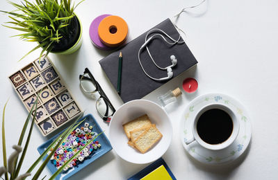 High angle view of breakfast on table