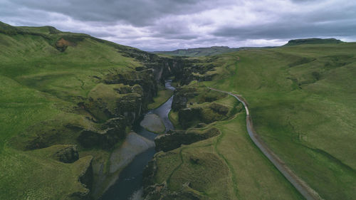 High angle view of land against sky