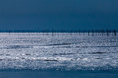 Scenic view of sea against clear blue sky