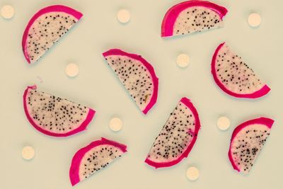 High angle view of fruits in plate on table