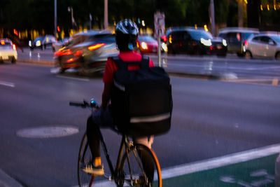 Rear view of man riding bicycle on city street