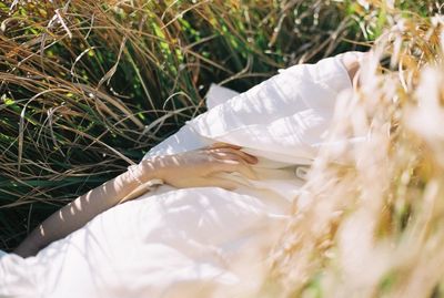 High angle view of woman relaxing on field