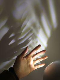 Cropped hand of person with shadow on wall