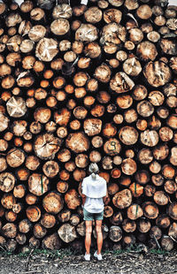 Rear view of woman standing by logs in forest