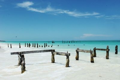 Wooden posts on beach against sky