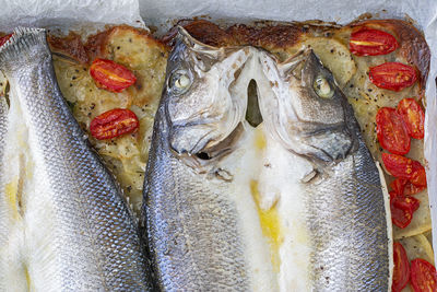 High angle view of fish for sale in market