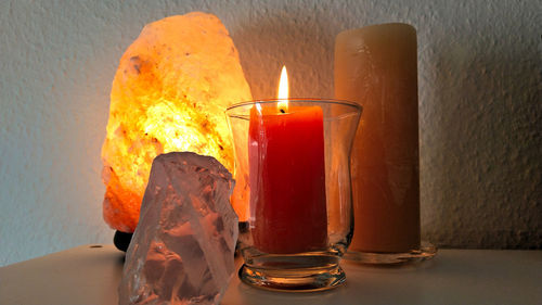 Close-up of lit candle on table against wall