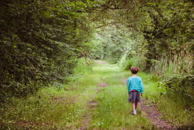 Rear view of girl walking on footpath amidst trees at forest