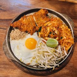 High angle view of food in plate on table