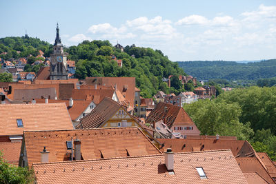 High angle view of townscape against sky
