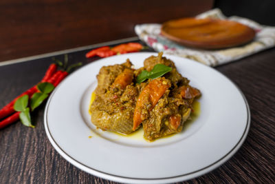 High angle view of food in plate on table