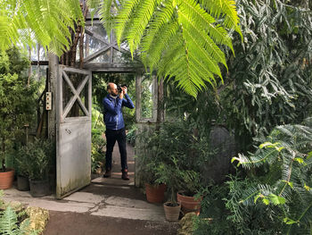 Man standing by plants against trees