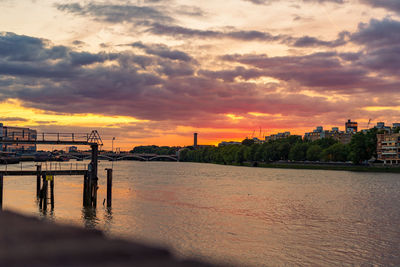 Scenic view of river against cloudy sky during sunset