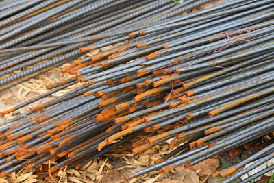 High angle view of metal rods at construction site