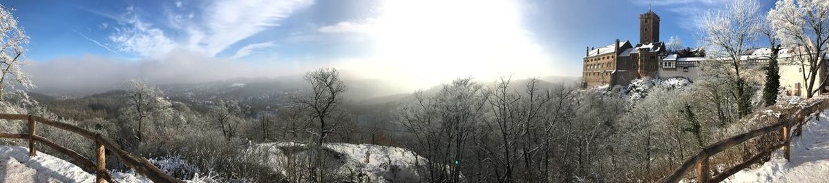 Panoramic view of snow covered mountains against sky